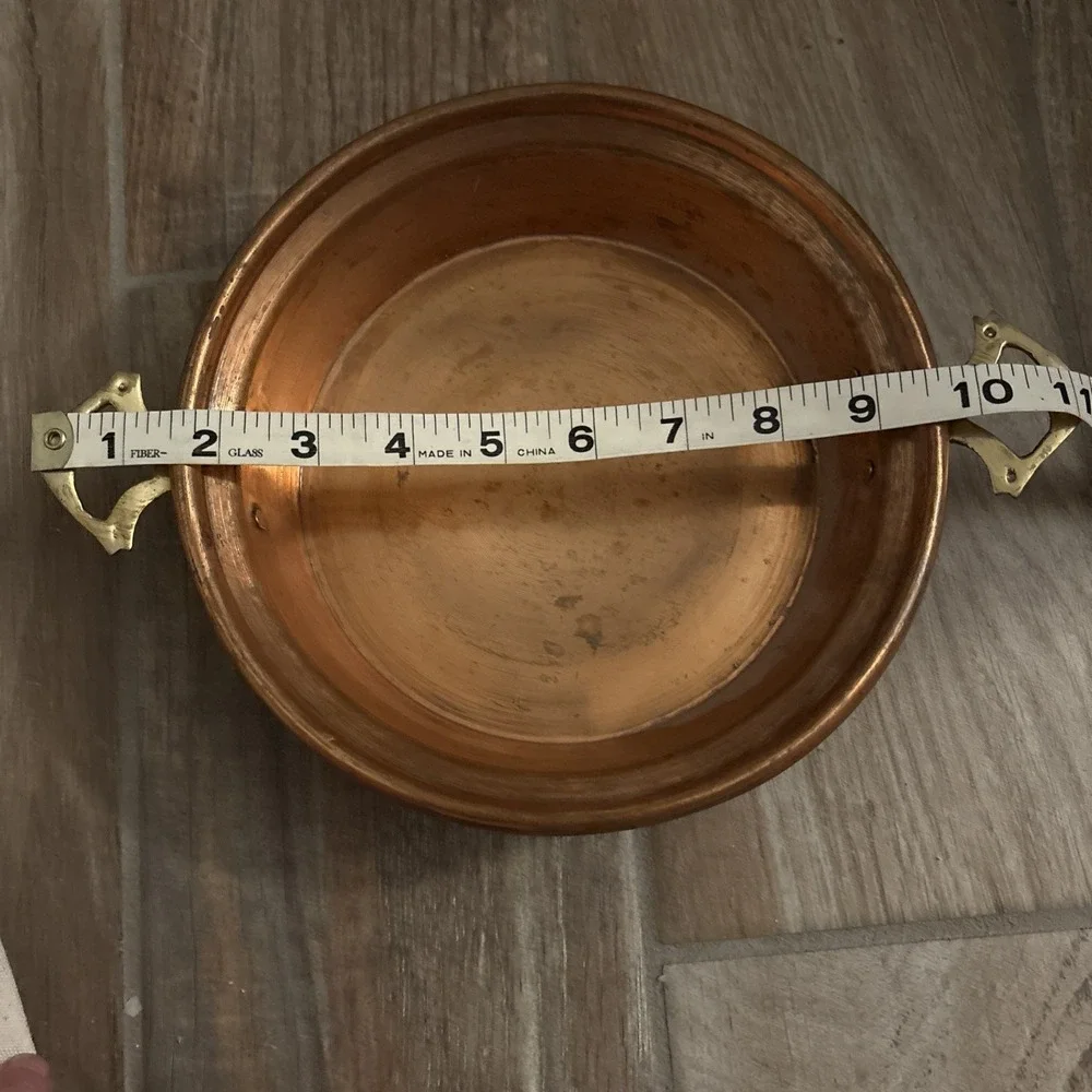 Antique Vtg Copper Saute Pan Pot with Brass‎ Handles 11